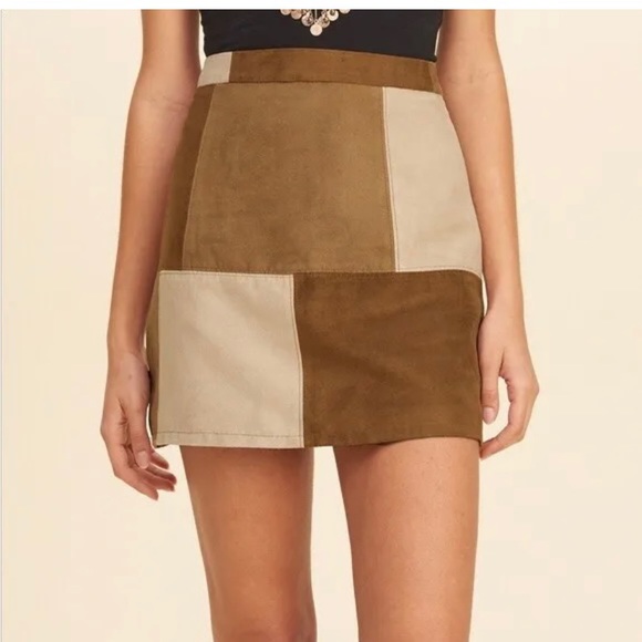 Hollister faux suede mini skirt size 0 1 2 xs patchwork tan brown cream western - Picture 1 of 8